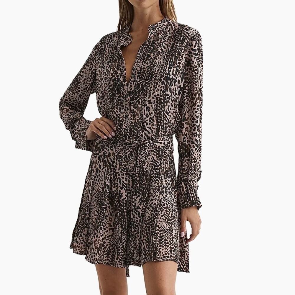 Reiss Britney Belted Leopard Print Mini Dress Size 14 Plus size Pleated Skirt